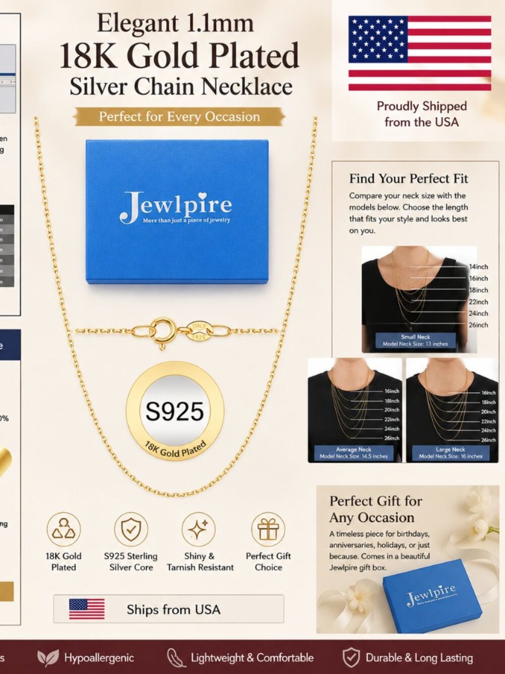 Elegant 1.1mm 18K Gold Plated Silver Chain Necklace - Perfect for Every Occasion
